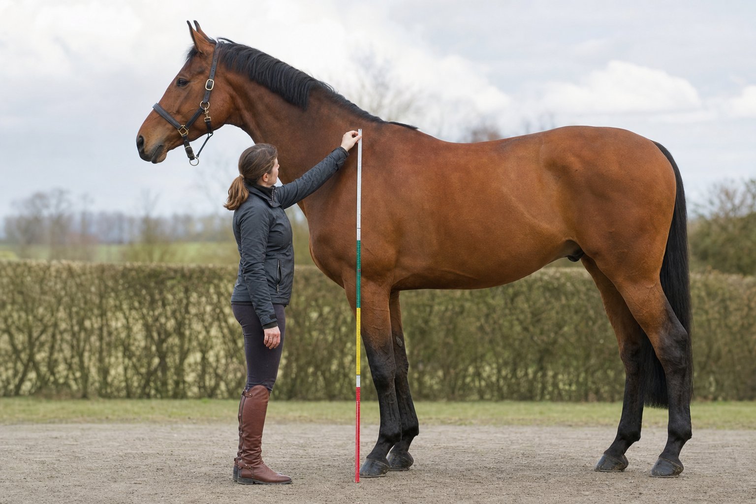 Sehr großes Warmblut steht geschlossen auf ebenem Boden, daneben eine Person, die den Messstab am Widerrist ansetzt (KI-generiertes Bild)