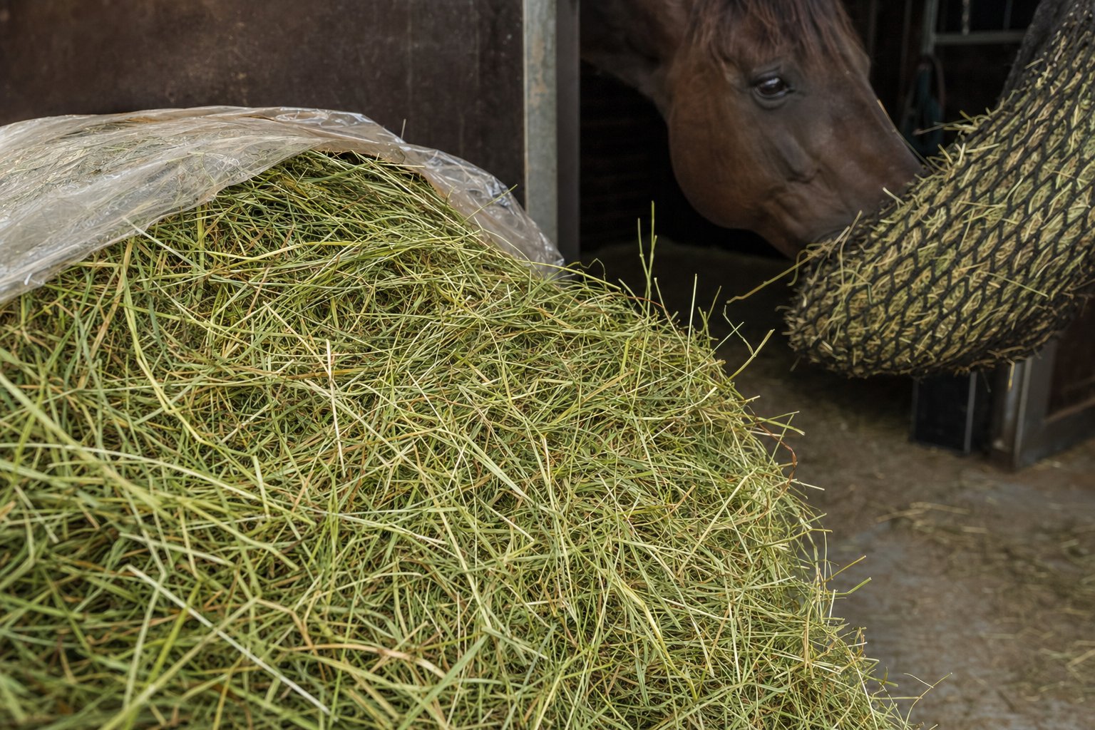 Aufgebrochener Heuballen im Stall, die grüngoldenen Halme einzeln erkennbar, daneben ein Pferd, das aus einem engmaschigen Heunetz frisst
