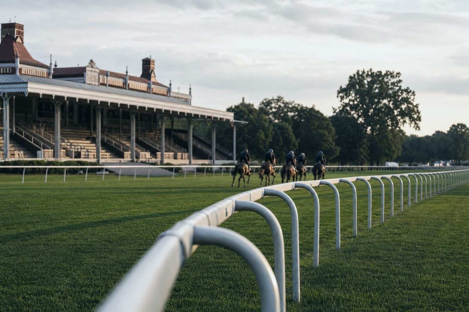 Galopprennbahn mit grüner Grasbahn und weißem Geländer, im Hintergrund eine historische Tribüne mit Dach, Pferde beim Aufgalopp in der Ferne (KI-generiertes Bild)