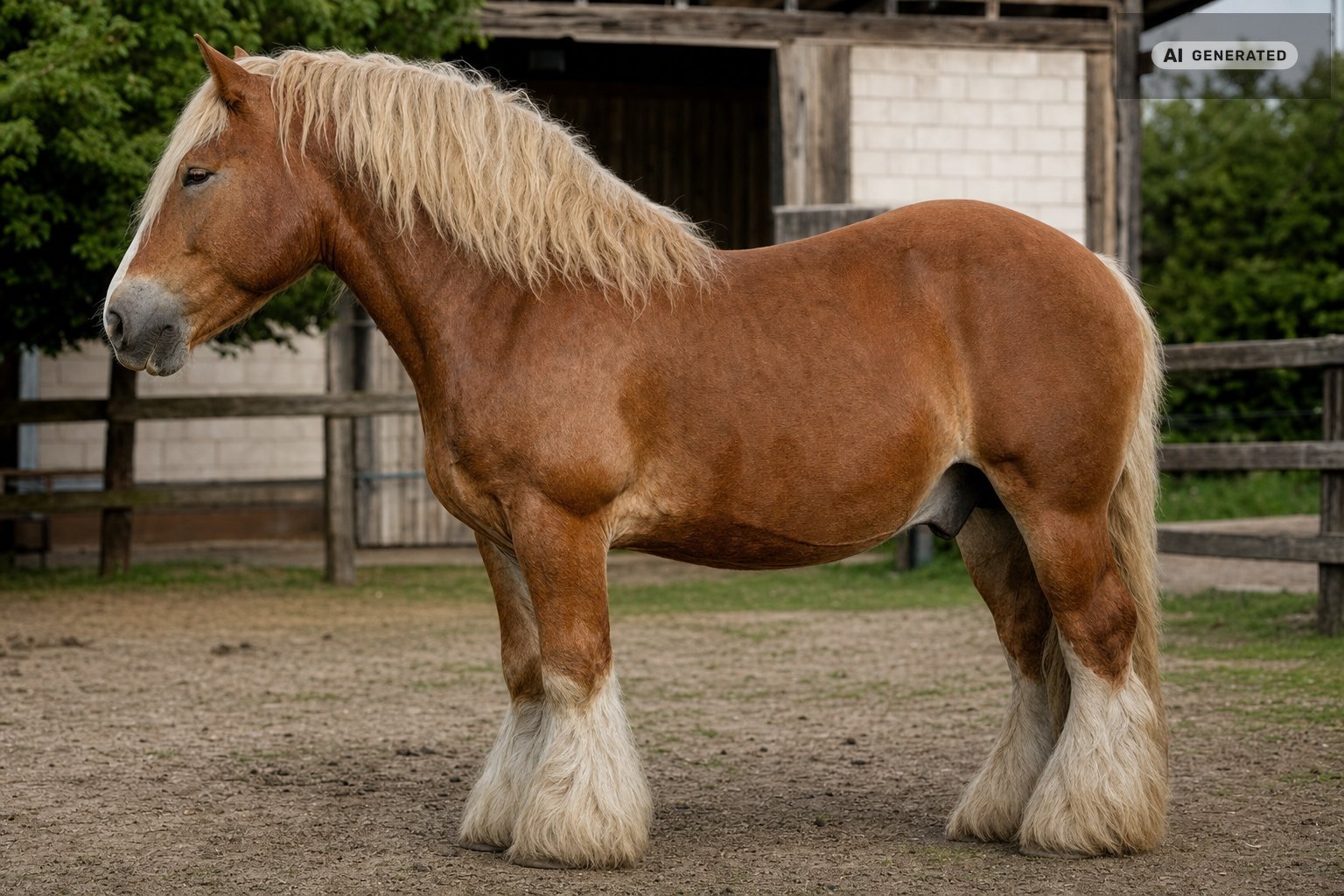 Schweres Zugpferd im Profil auf einem Hof: breite Brust, kräftiger Hals, starkes Fundament und dichter Behang an den Fesseln, Fuchs mit hellem Langhaar (KI-generiertes Bild)