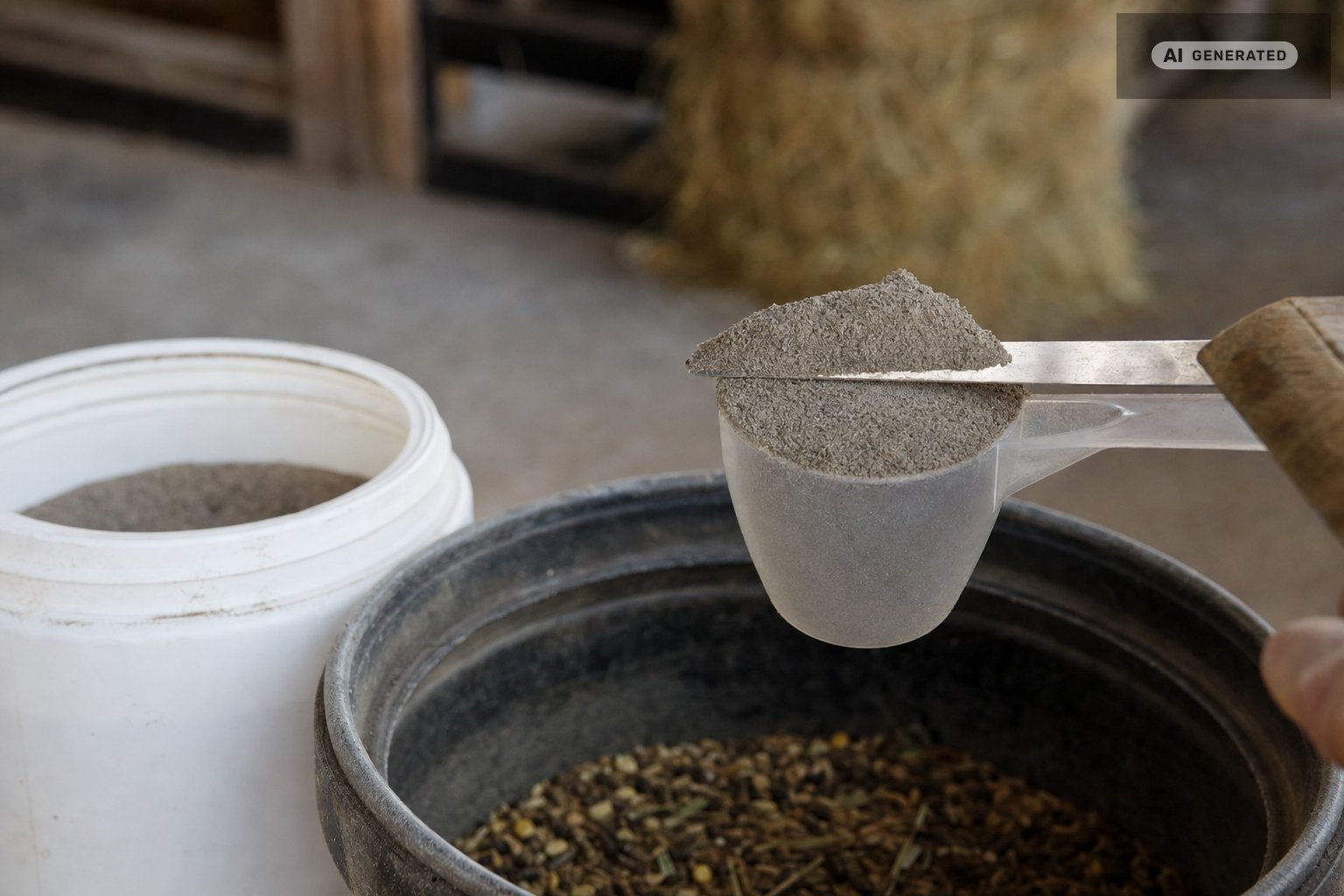 Messlöffel mit graubraunem Mineralfutter wird über einem offenen Futtereimer abgestrichen, daneben der beschriftete Eimer des Herstellers (KI-generiertes Bild)