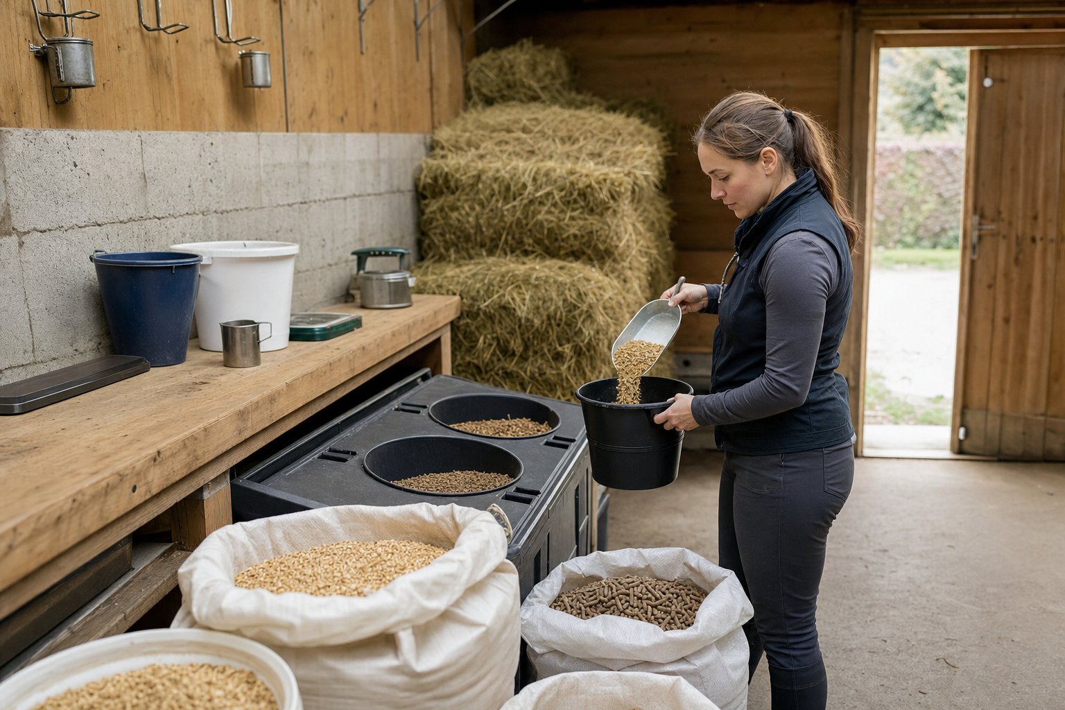 Futterkammer eines Stalls mit Säcken und Tonnen für Hafer und pelletiertes Futter, Heu im Hintergrund, Messschaufeln, Eimer und eine kleine Waage auf der Bank (KI-generiertes Bild)