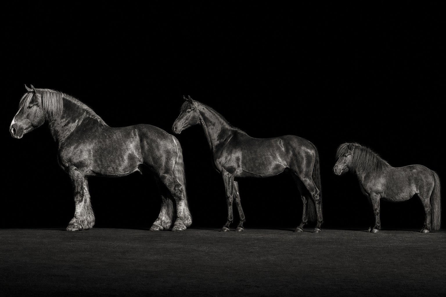 Drei Pferde unterschiedlichen Typs stehen im Profil nebeneinander vor schwarzem Hintergrund: ein schwerer Kaltbluttyp, ein feingliedriges Reitpferd und ein kleines robustes Pony