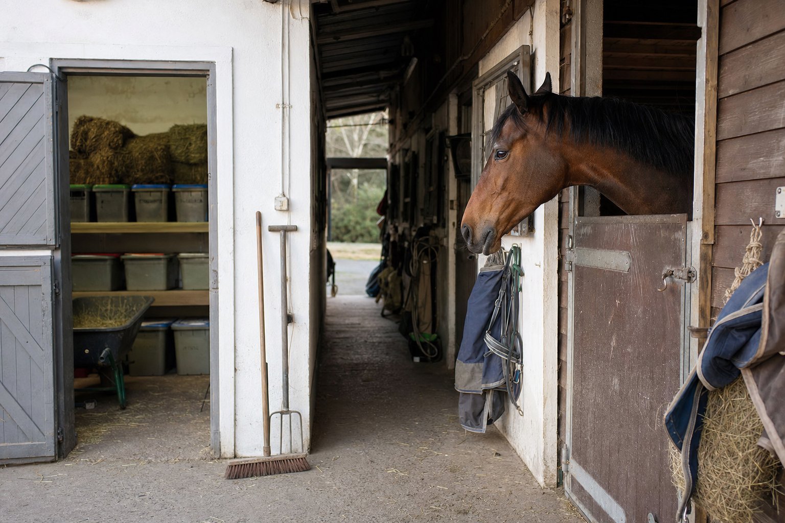 Stallgasse am Nachmittag: links die offene Tür zur Futterkammer mit Heuballen und beschrifteten Futtertonnen, rechts ein brauner Pferdekopf über der Boxentür, an der Wand Schubkarre und Besen