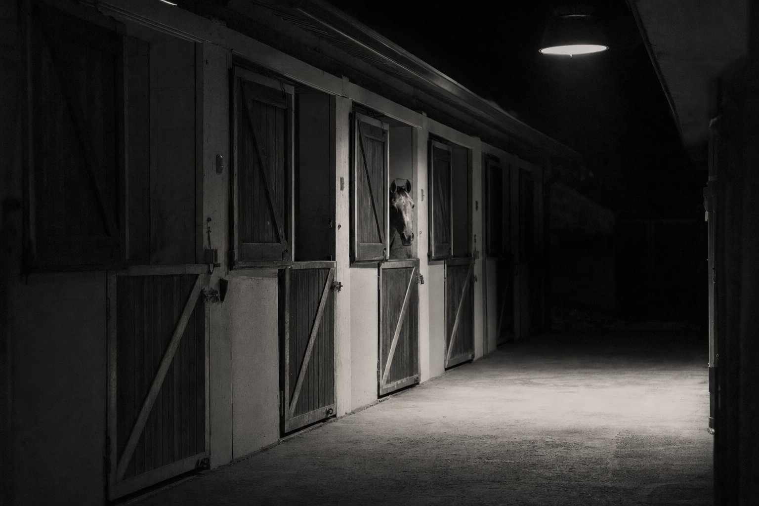 Dunkler Stallgang bei Nacht: eine Reihe hölzerner Boxentüren, über einer davon schaut ein Pferd heraus, eine einzelne Deckenlampe wirft hartes Licht auf den gefegten Boden