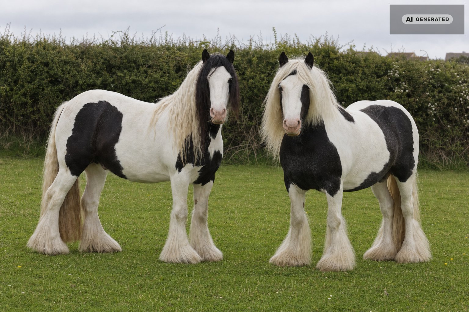 Zwei gescheckte Tinker-Ponys mit dichtem Behang an den Unterbeinen und langer Mähne stehen auf einer Weide, im Hintergrund eine Hecke (KI-generiertes Bild)