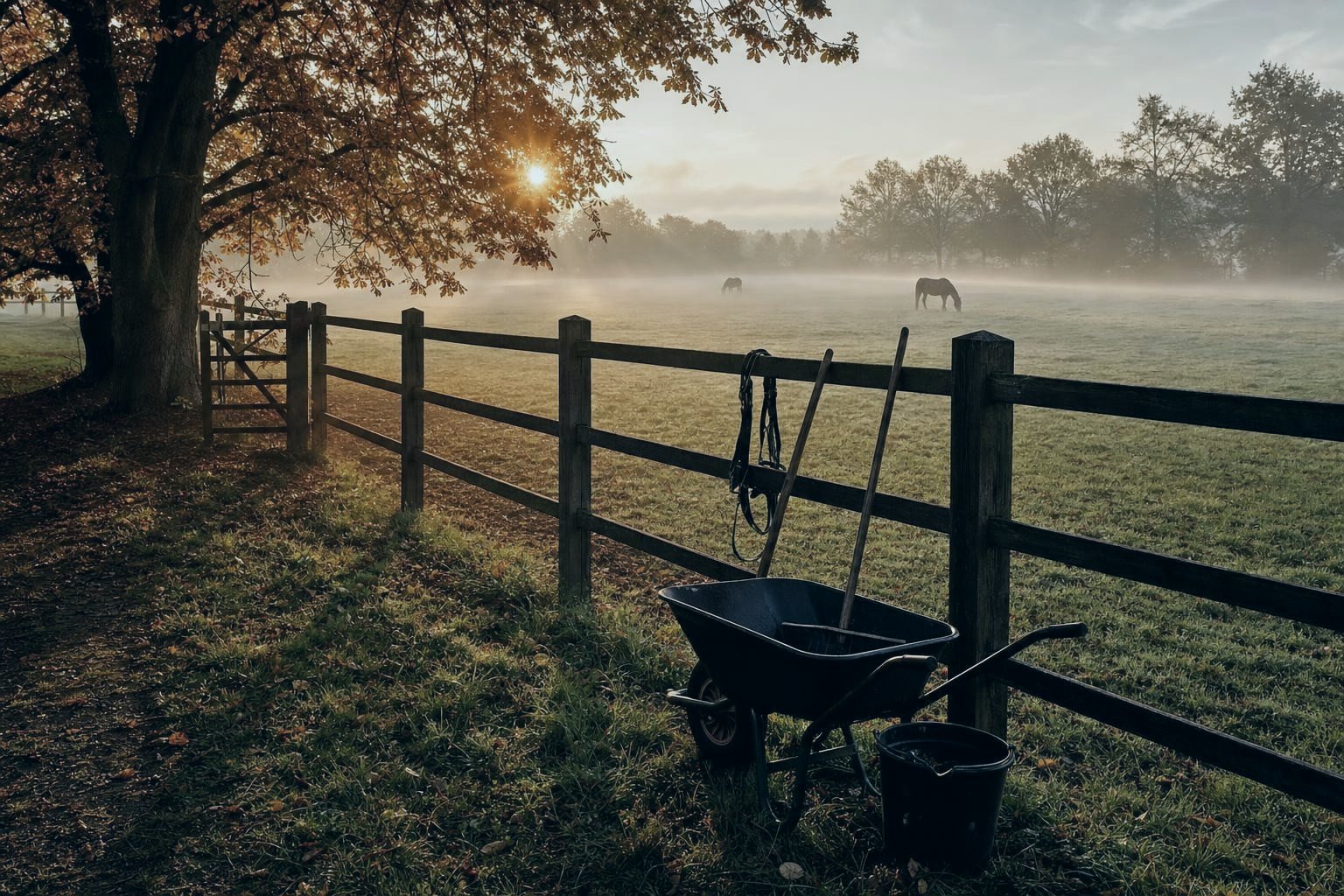 Abgeweidete Pferdekoppel im Herbst mit kurzem Gras und Nebel über dem Boden, am Zaun eine Schubkarre mit Werkzeug und ein Eimer, tiefstehende Sonne (KI-generiertes Bild)
