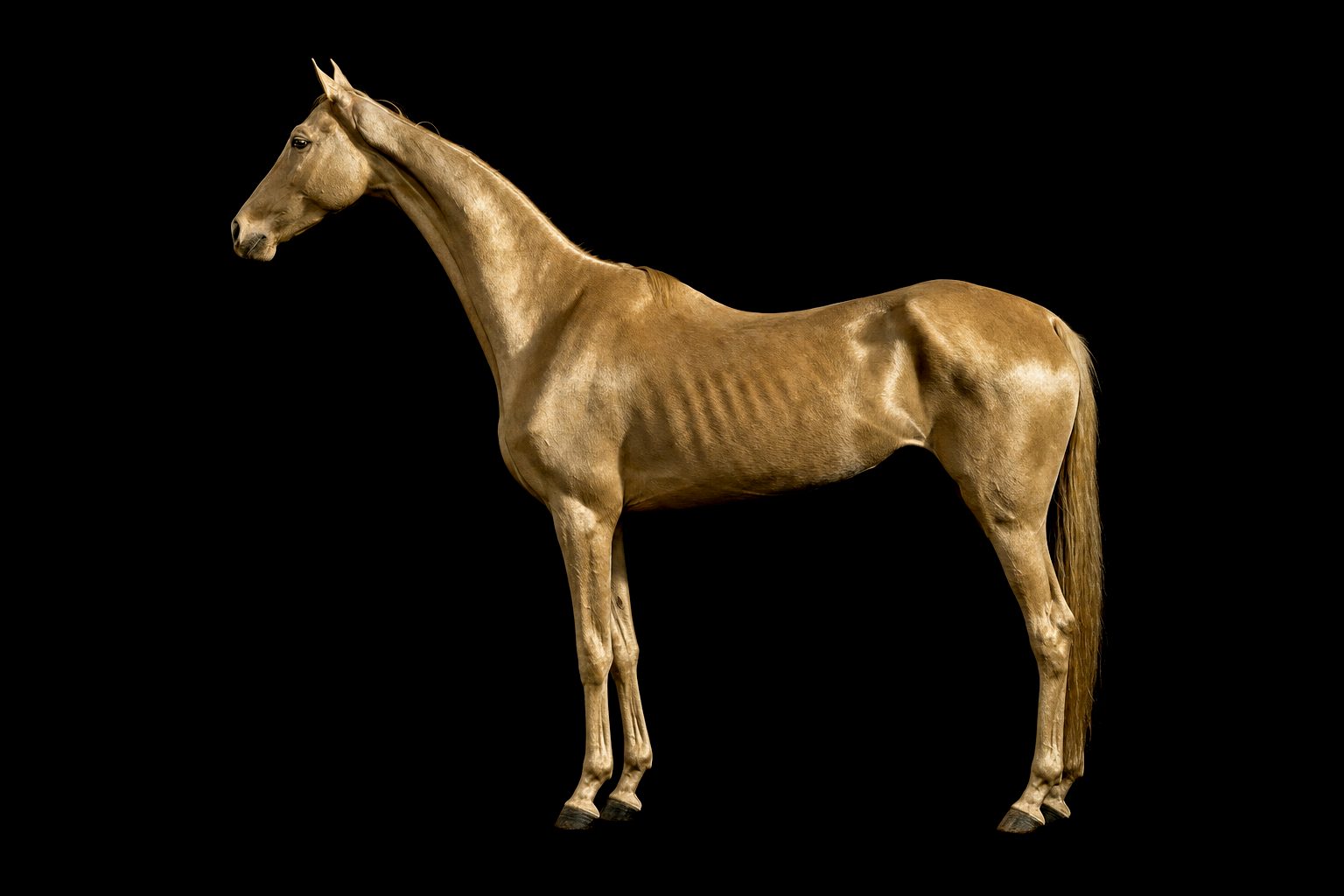 Sehr schlankes Pferd im Profil vor schwarzem Hintergrund, goldfarbenes Fell mit metallischem Glanz, auffällig langer dünner Hals und lange feine Beine