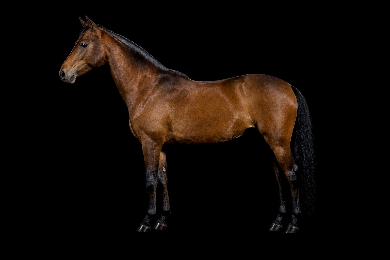 Kleines feines Reitpony im Profil vor schwarzem Hintergrund, feiner Kopf, korrekte Proportionen, im Modell einem Warmblut ähnlich