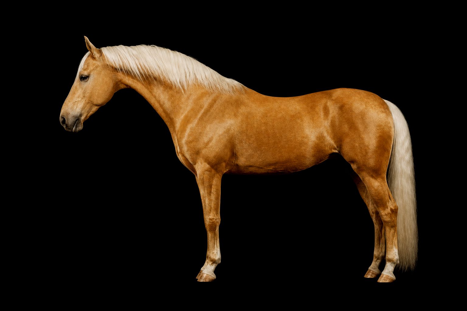 Pferd im Profil vor schwarzem Hintergrund mit goldfarbenem Fell und rein weißer Mähne und Schweif