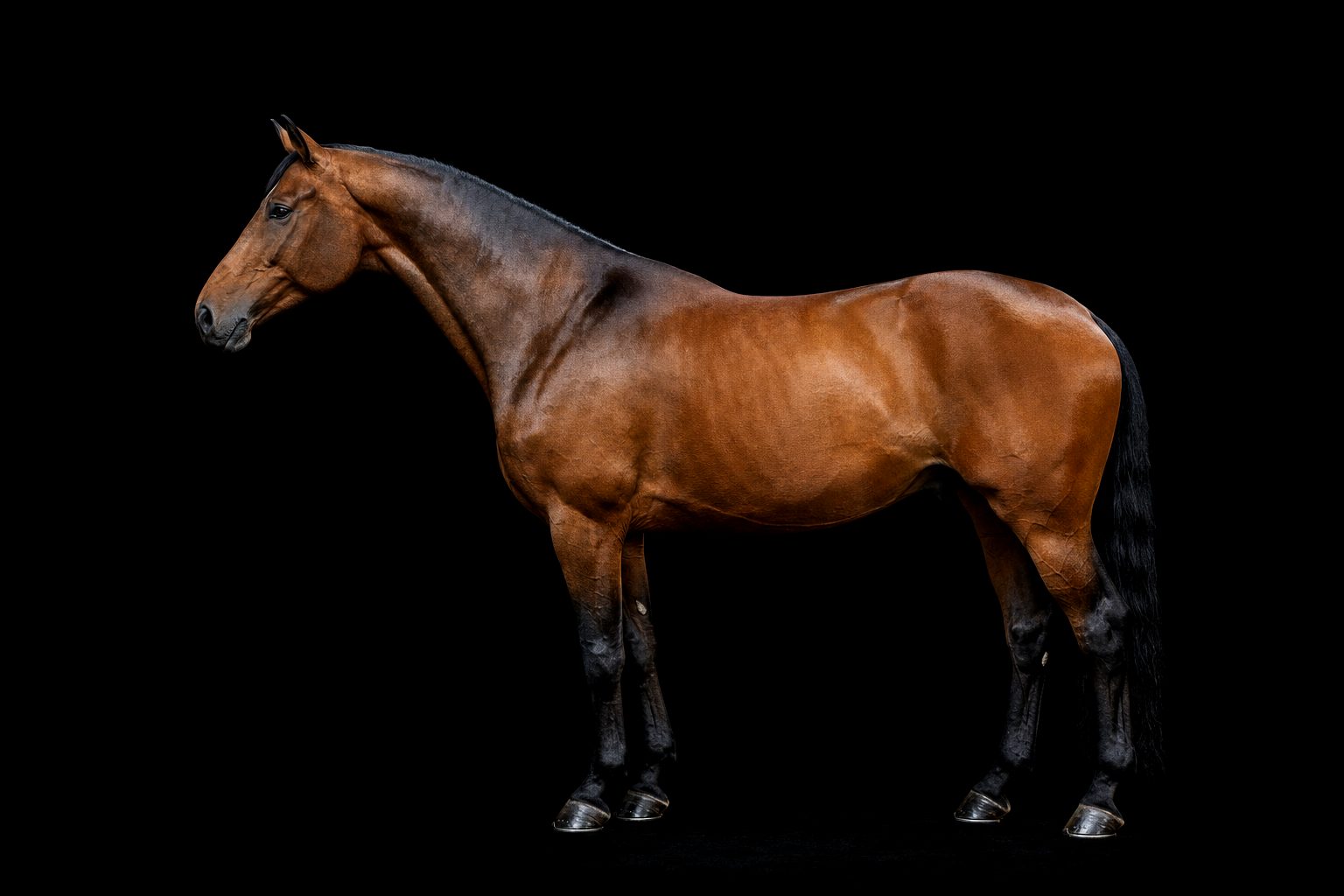 Braunes Warmblut im Profil vor schwarzem Hintergrund, trockener Kopf, gut angesetzter langer Hals, rechteckiges Format