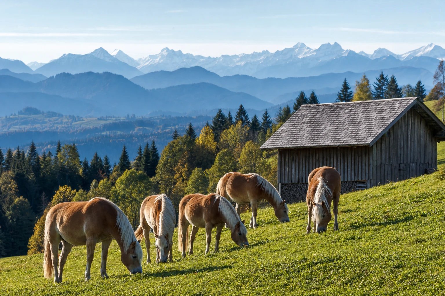 Eine Gruppe Haflinger auf einer geneigten Bergweide im bayerischen Voralpenland, dahinter ein hölzerner Heustadel und die Kette der Alpen im Dunst (KI-generiertes Bild)