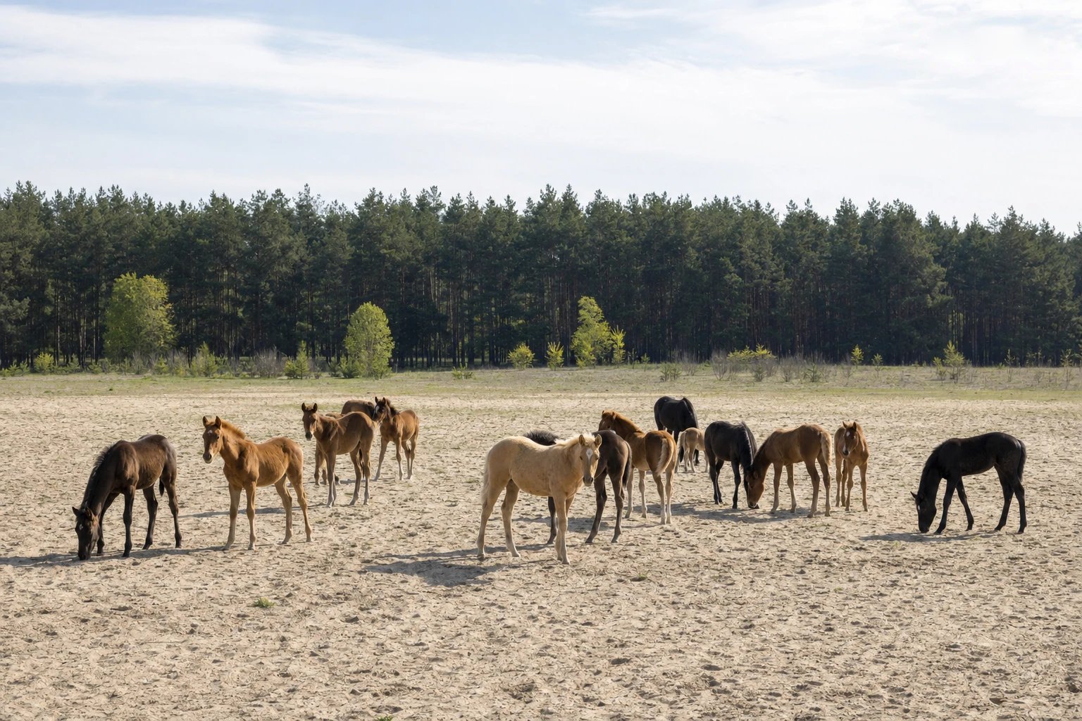 Eine Herde Jungpferde auf einer großen, sandigen Koppel in Brandenburg, am Horizont der Rand eines Kiefernwaldes (KI-generiertes Bild)