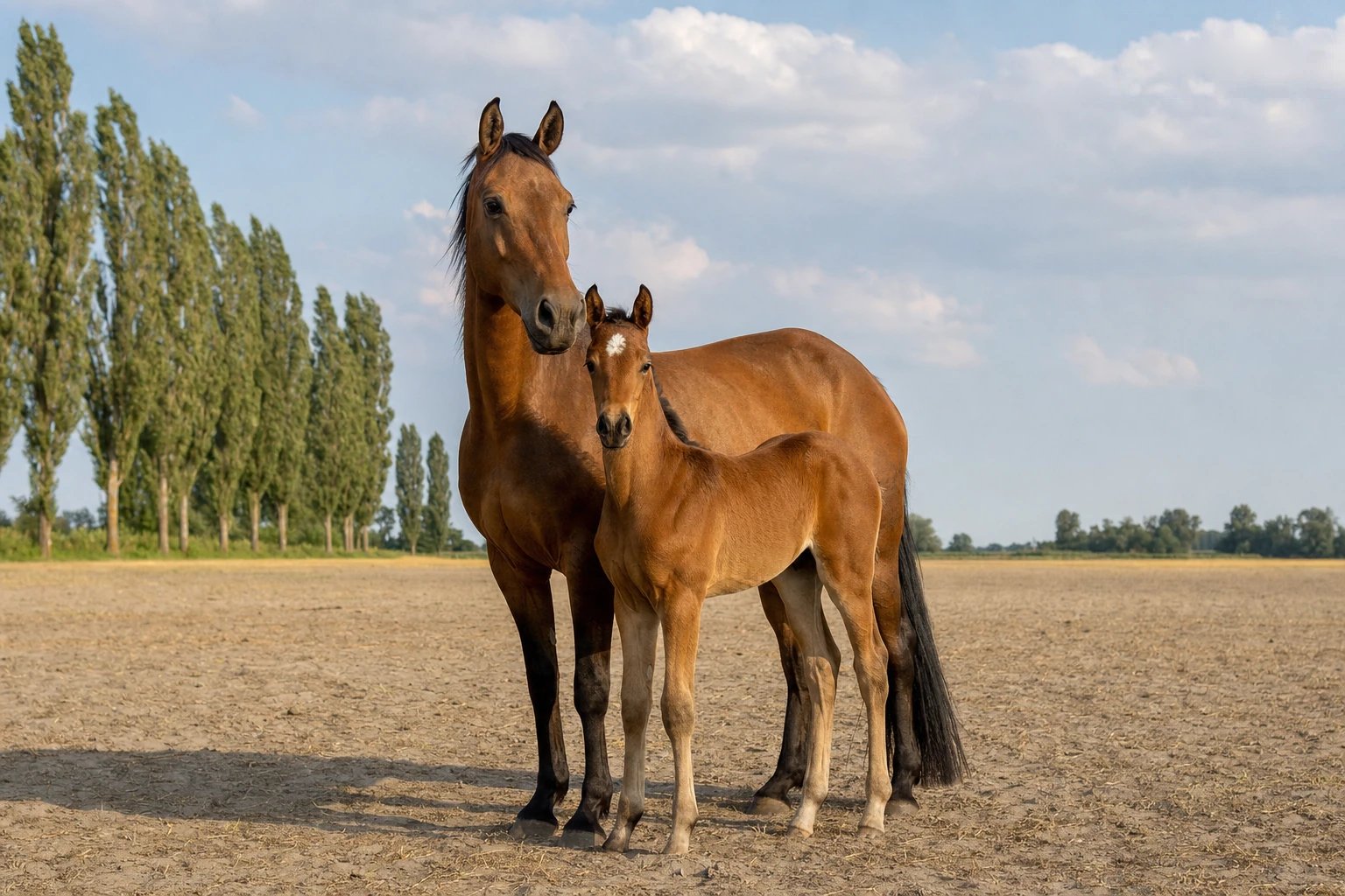 Eine Warmblutstute mit ihrem Fohlen auf einem ebenen, sandigen Auslauf in Niedersachsen, am Rand eine Reihe hoher Pappeln unter weitem Himmel (KI-generiertes Bild)