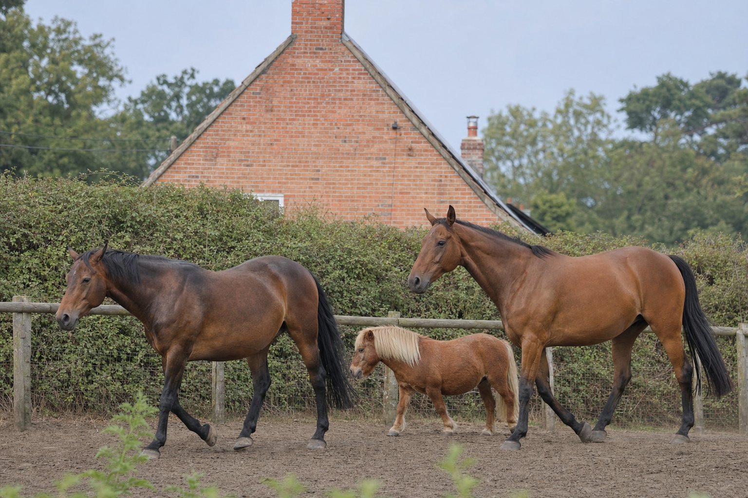 Zwei Warmblüter und ein kleines Pony auf einer eingezäunten Koppel im Münsterland, dahinter eine Wallhecke und der Backsteingiebel eines Hofes (KI-generiertes Bild)