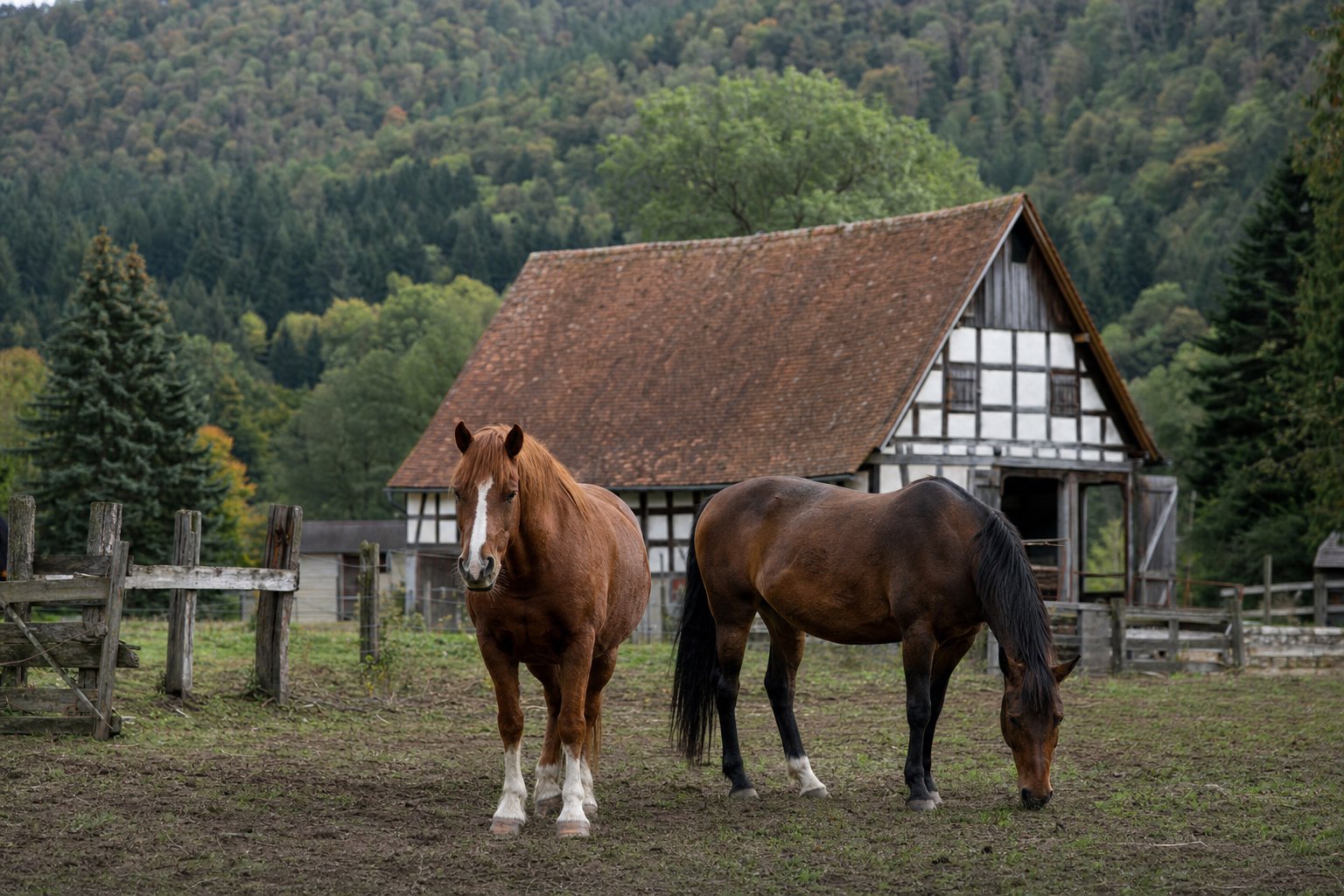 Zwei Pferde vor einem kleinen Hof mit Fachwerkscheune in einem bewaldeten Tal im Saarland, ansteigende Hänge mit Mischwald im Hintergrund (KI-generiertes Bild)