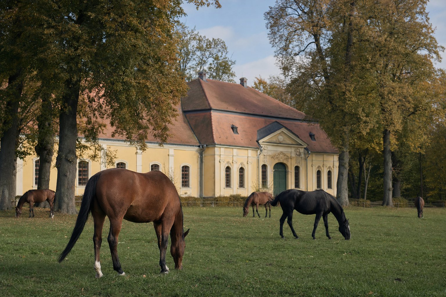 Mehrere Pferde auf einer Weide in Sachsen, im Hintergrund die verputzte Fassade und das Walmdach eines barocken Gestütsgebäudes zwischen alten Bäumen (KI-generiertes Bild)