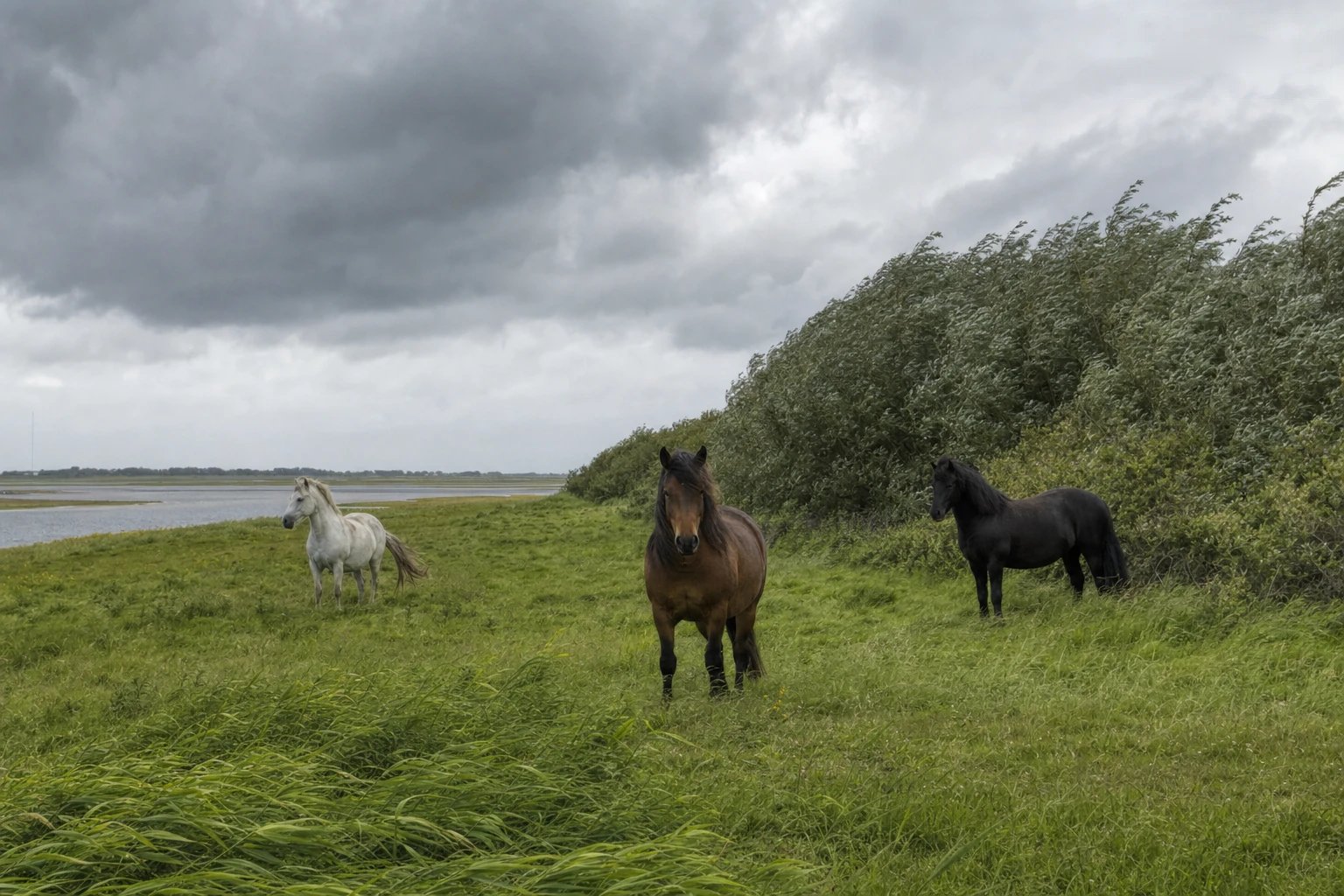 Drei Pferde auf einer flachen Marschweide nahe der Küste in Schleswig-Holstein, windgebeugtes Gras, ein Knick als Windschutz und tiefe graue Wolken (KI-generiertes Bild)